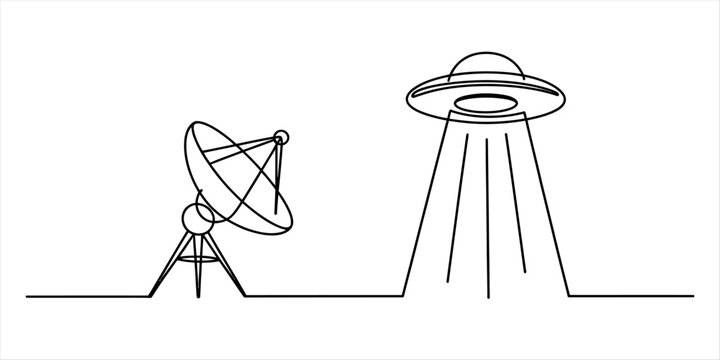 Minimalist continuous line drawing of a satellite dish communicating with a flying saucer ufo space ship emitting a light beam in a simple black and white style Vector, illustration