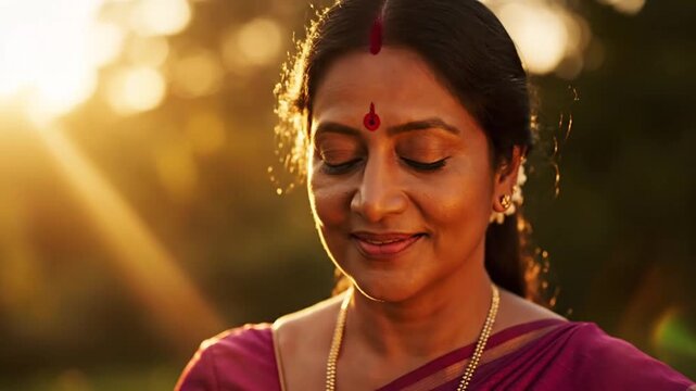 Smiling Indian woman in traditional attire glowing in sunset light