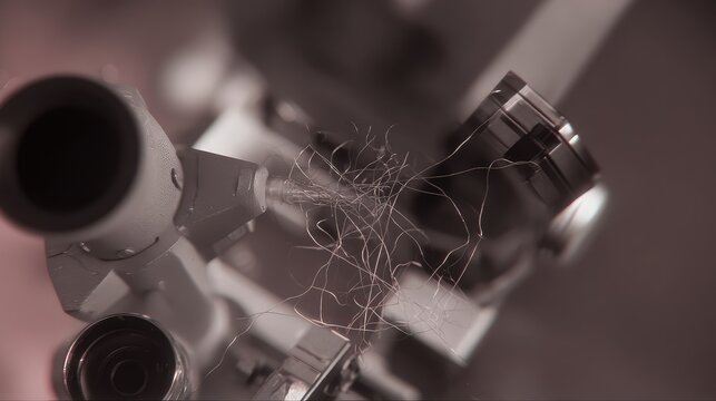 Hair fibers under a high power microscope lens during forensic analysis, representing detailed scientific research and investigation in a laboratory setting