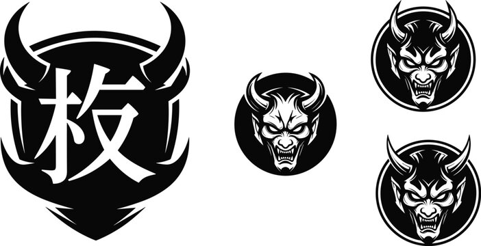 Japanese Oni Demon Vector Logo Set Featuring Horned Devil Mask Silhouettes Inside Round Badges And Big Shield Emblem With Kanji Calligraphy For Branding
