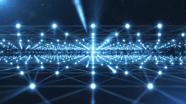 Blue digital grid network connecting data points in dark space