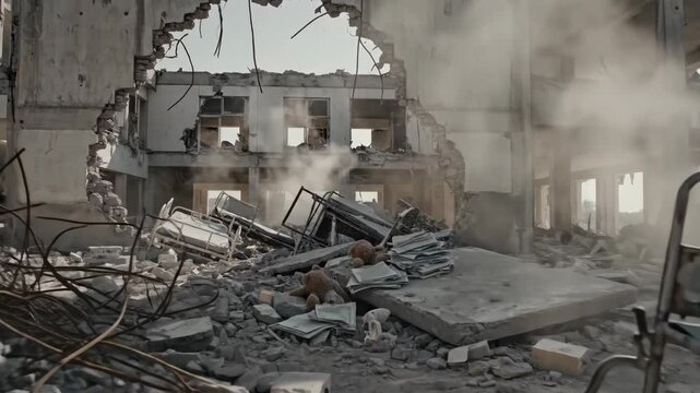 Destroyed Hospital Building Interior with Rubble and Empty Wheelchair Amidst Smoke