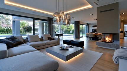 Fototapeta premium Modernes Wohnzimmer mit großen Sofas, eingebautem Kamin und indirekter Deckenbeleuchtung sowie Panoramafenstern zum Garten.