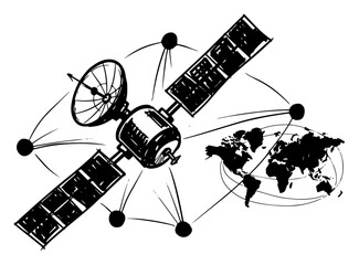 Communication Satellite Orbiting Earth With Global Network Links Black And White Vector Illustration © Mago