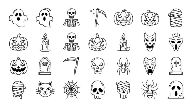Collection of Halloween-themed line art icons and spooky symbols in a doodle style.