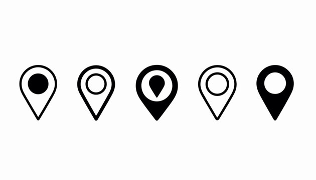 Five Black Location Pin Icons Arranged in a Row on White Background