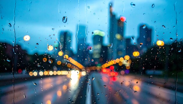 Realistic rain drops on car window with blurred city lights, cinematic mood, ultra detailed photography, modern stock style