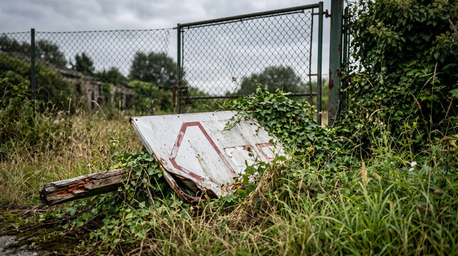 Toppled metal factory sign overgrown with ivy in tall grass near old chain link gate under cloudy sky