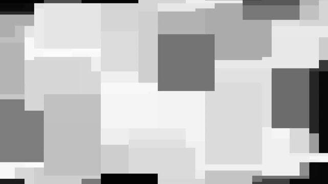 Abstract geometric mosaic background with shifting squares and dynamic light grey grayscale movement.