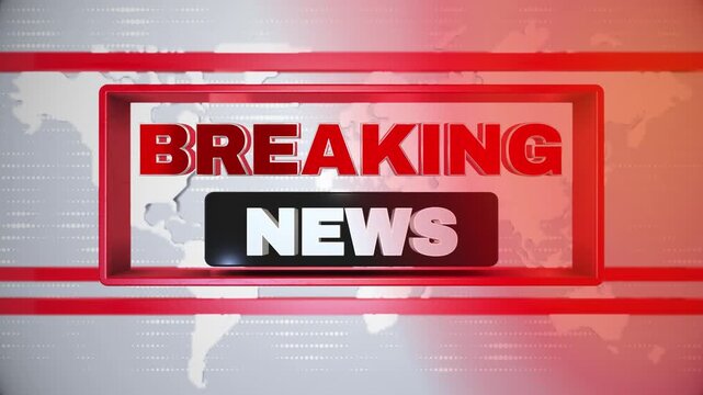 Breaking news graphic with red borders and world map background