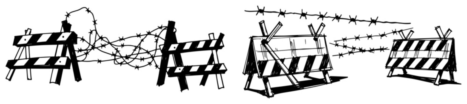 Barricades With Barbed Wire Security Checkpoint Barrier Black And White Vector Illustration