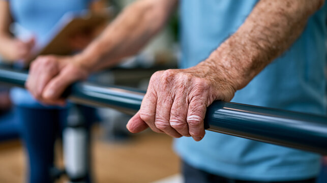 Close-up of aged hands gripping parallel bars during a balance rehabilitation session, knuckles white with effort, therapist clipboard visible in soft background blur, ideal for senior strength, agi