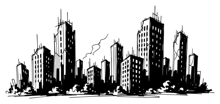 Damaged City Skyline With Cracked Highrise Buildings Post War Disaster Black And White Vector Illustration