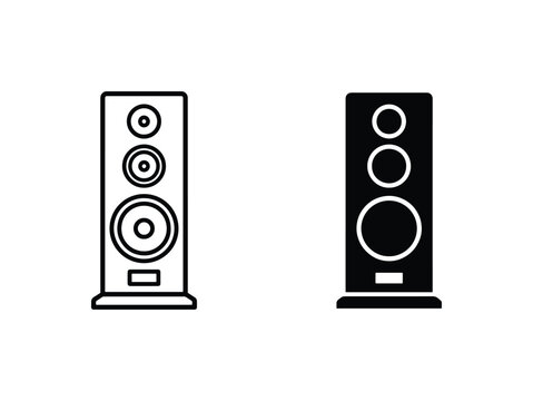 Tower Speaker Icons, Audio System Vector Graphics, Sound Equipment Line Art and Silhouette, Music Playback Device Symbols