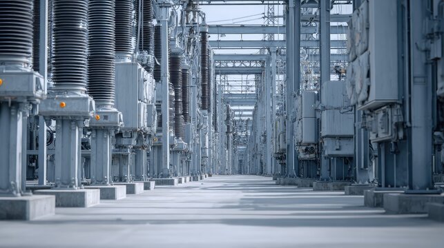 Electrical substation facility featuring numerous industrial insulators, transformers, and switchgear supporting energy infrastructure and transmitting high voltage electricity