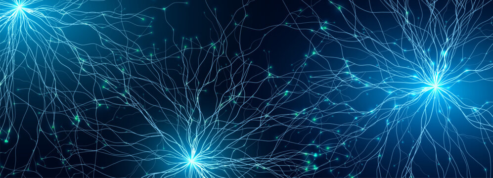 Neural Network Brain Neurone Synapse Connections Lightning Ball Energy Glow. Machine Learning Technology Background for AI Data Flow, BigData, Medical Science Research, Biotech. Vector illustration