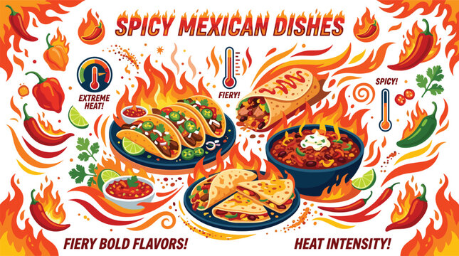 Fiery Mexican dishes vector layout template featuring extra spicy traditional tacos quesadilla burrito and burning hot flames