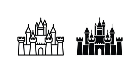 Castle Icons Set, Medieval Fortress Vector Graphics, Fairytale Palace Silhouettes for Fantasy and Royal Themes, Outline and Solid Styles © Sazzad