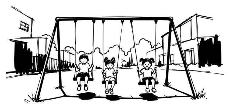 Children Playing On Swing Set Neighborhood Playground Monochrome Ink Sketch Vector