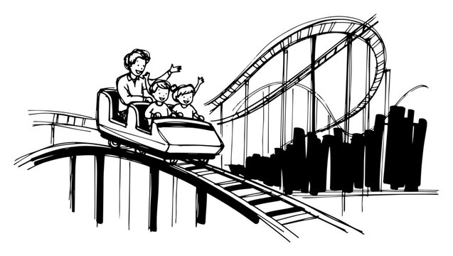 Family On Roller Coaster Train Looping Track Amusement Park Monochrome Ink Sketch Vector