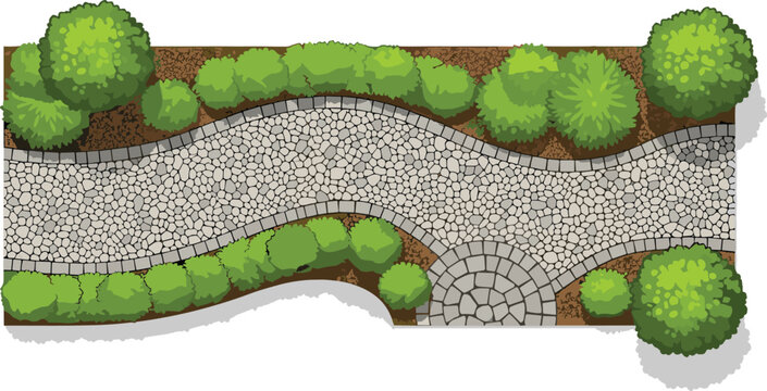 Landscape design plan showing winding cobblestone walkway through garden beds with shrubs and grass.