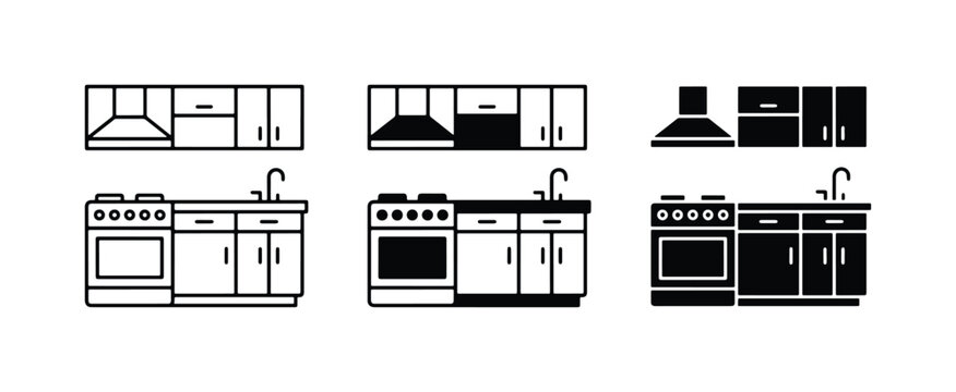 Kitchen Cabinet and Appliance Icons Set, Vector Graphics for Interior Design and Home Renovation Projects, Featuring Stoves, Sinks, and Hoods in Outline and Solid Styles