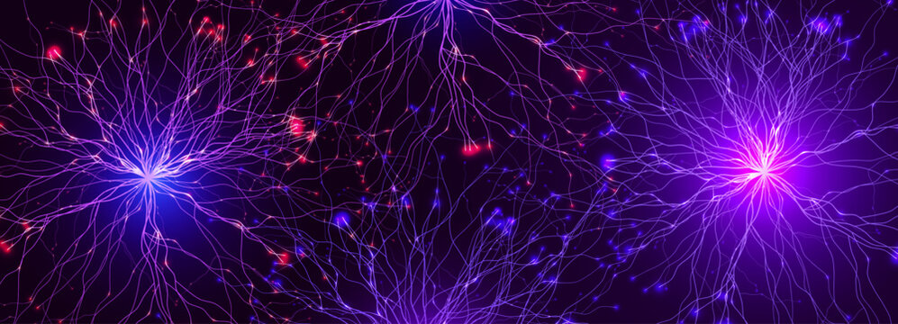 Neural Network Brain Neurone Synapse Connections Lightning Ball Energy Glow. Machine Learning Technology Background for AI Data Flow, BigData, Medical Science Research, Biotech. Vector illustration