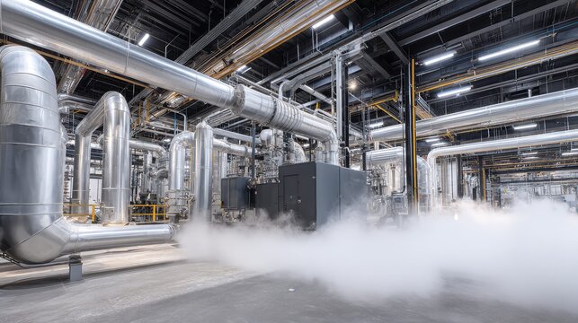 Large industrial facility operating with an intricate network of insulated steel pipes, machinery, and equipment, creating a cold, misty atmosphere on the factory floor