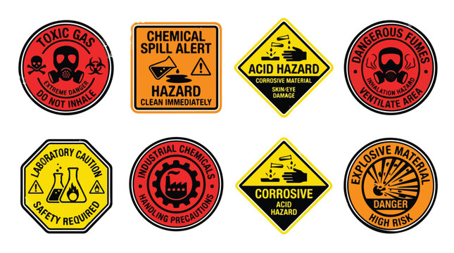 Industrial chemical hazard warning signs, set of 8 safety labels for toxic gas and acid risk, laboratory caution icons for workplace security
