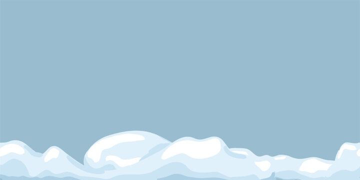Snow caps and icicles of various shapes on seamless horizontal border, Vector illustration. Frosty snowdrifts, hanging ice curbs and white winter roof, the collection is isolated on blue background