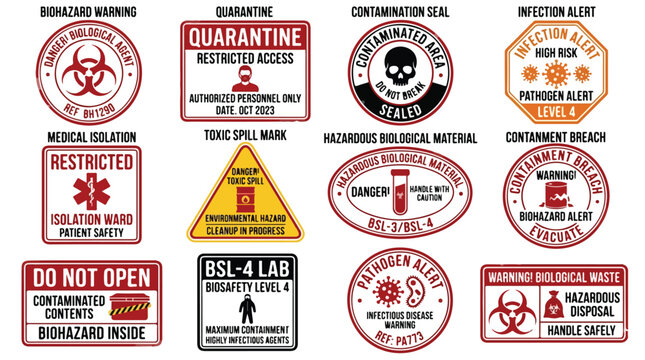 Biohazard warning signs and quarantine labels, set of 12 medical isolation and pathogen alert stickers, hazardous biological material vector icons