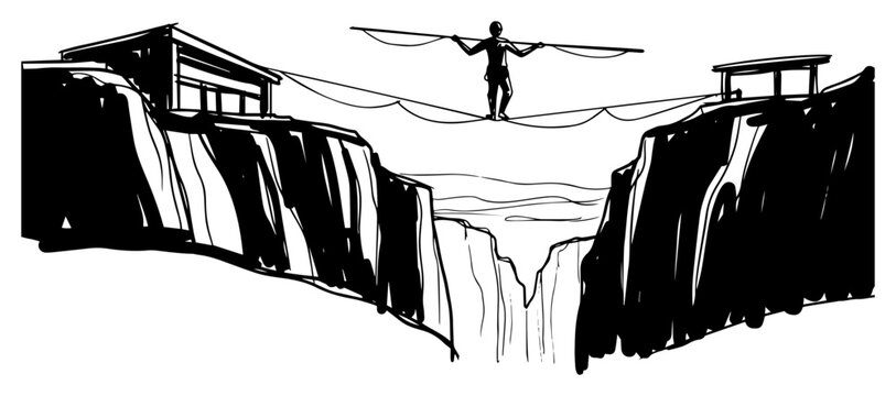Highline Tightrope Walker Crossing Canyon With Balance Pole Black And White Vector Illustration