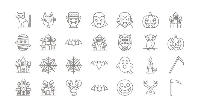 Collection of grayscale line icons featuring animals and whimsical objects in a doodle style.