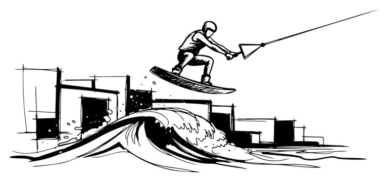 Cable Wakeboarder Jumping Wave At Park Black And White Vector Illustration