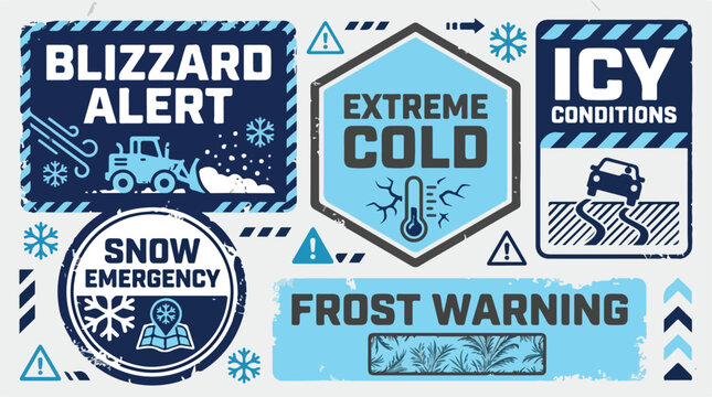 Winter weather warning labels and blizzard alert signs, extreme cold and frost warning icons, snow emergency and icy conditions vector set