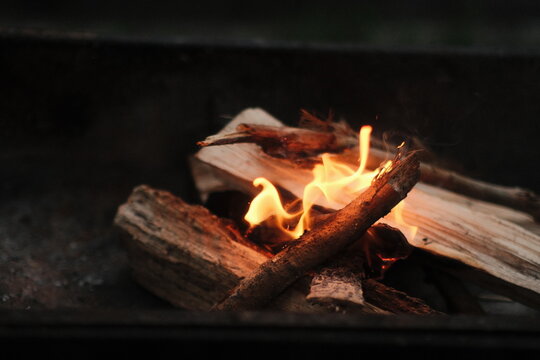 Burning firewood in a metal brazier outdoors. Bright orange fire flames and glowing embers in a barbecue grill closeup
