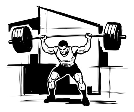 Powerlifter performing heavy barbell back squat at gym black and white vector illustration