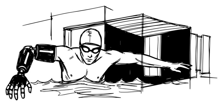 Para Swimmer With Bionic Prosthetic Arm Swimming In Pool Black And White Vector Illustration
