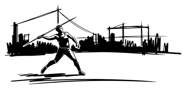 Javelin Throw Athlete In Action Track And Field Monochrome Ink Sketch Vector