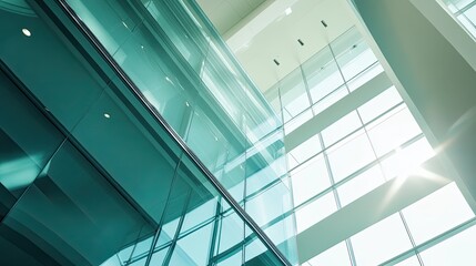 Fototapeta premium Modern architectural design featuring spacious glass facades and walls, creating a bright interior space with abundant natural light and a feeling of openness