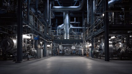Fototapeta premium Industrial processing plant with dense steel pipes, vessels and machinery forming a complex, heavy duty network representing modern energy, engineering and manufacturing infrastructure