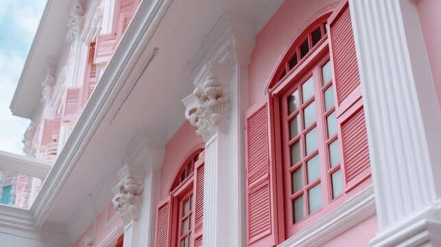 Beautiful pastel pink architecture with ornate white columns and detailed window frames against a bright blue sky