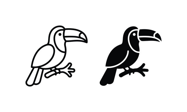 Toucan Vector Icons, Tropical Bird Silhouettes, Simple Line Art and Solid Black Graphics, Exotic Wildlife Symbols for Nature and Safari Themes