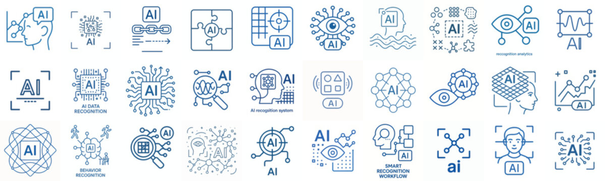 Line art vector icon Pattern recognition AI blue color