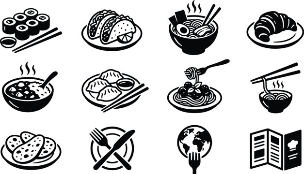 Global restaurant food black glyph icon vector set featuring sushi tacos ramen noodles croissant dumplings spaghetti and menu symbols