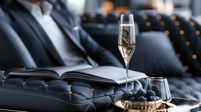 Ein Glas Champagner steht auf einem Luxus-Ledersofa neben einem aufgeschlagenen Buch und einer Schale mit Weintrauben.