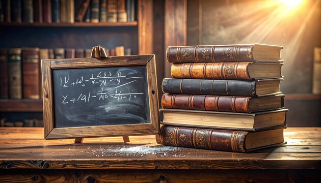 Vintage leather books and a chalkboard with math formulas rest on a rustic desk. Warm sunlight illuminates this classic scene of education, academic research, and the pursuit of knowledge.