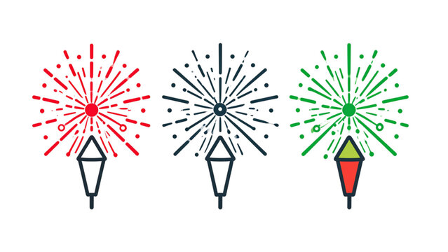 fiesta fireworks icons three explosion silhouettes with spark rays one flat solid monochrome one thin black outline black and white one full color flat icon red and green