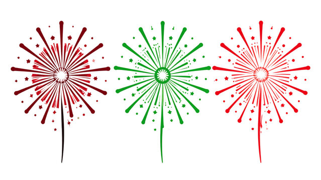 fiesta fireworks icons three explosion silhouettes with spark rays one flat solid monochrome one thin black outline black and white one full color flat icon red and green