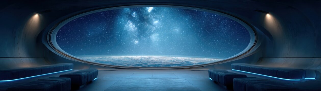 Futuristic spaceship lounge with  large elliptical window looking out at stars and planet earth